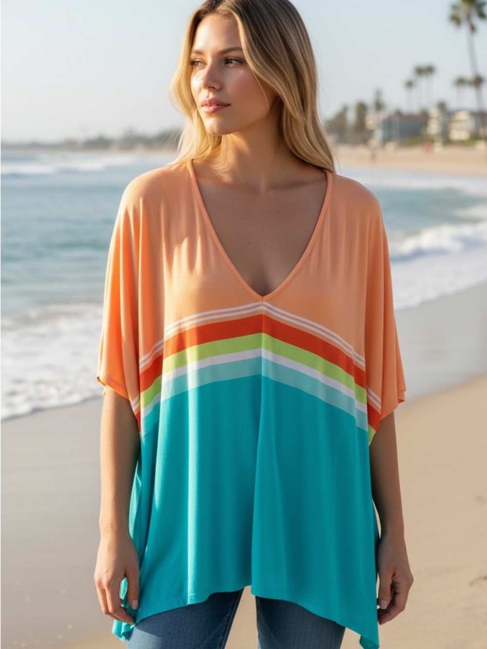 Peach & Teal V-Neck Beach Cover-Up Tunic